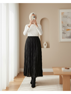 Kadın Uzun Kırışık Parlak Etek 8034 - Siyah