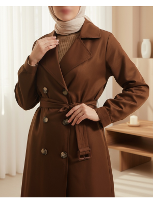 5864 Kruvaze Yaka Kısa Trençkot - Kahverengi