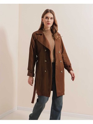 5864 Kruvaze Yaka Kısa Trençkot - Kahverengi