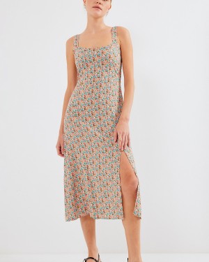 2282 Yırtmaçlı Askılı Viskon Elbise - Çok Renkli