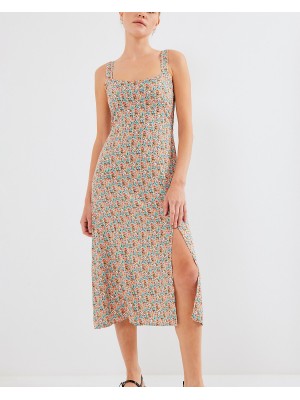 2282 Yırtmaçlı Askılı Viskon Elbise - Çok Renkli