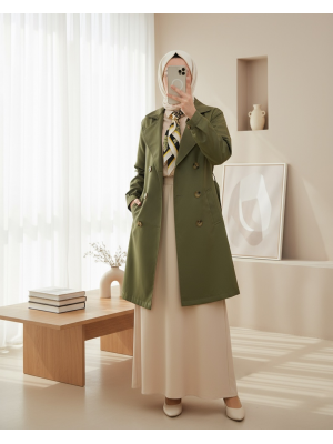 5864 Kruvaze Yaka Kısa Trençkot - Haki