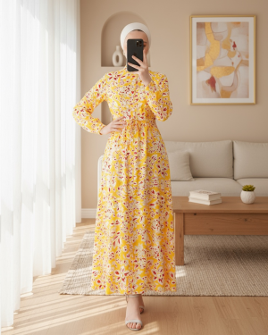 2144 Hakim Yaka Tesettür Elbise - Sarı
