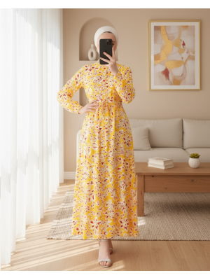 2144 Hakim Yaka Tesettür Elbise - Sarı