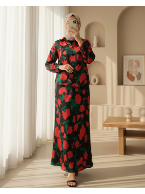 Kadın Siyah Kırmızı Desenli Saten İkili Takım 8018