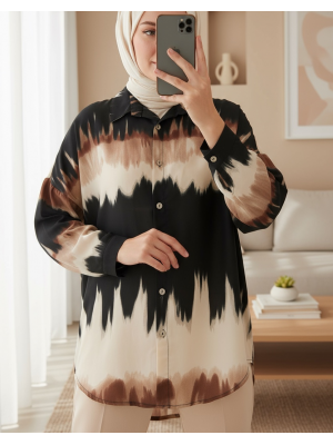 Kadın Kahverengi Siyah Desenli Oversize Gömlek 5923