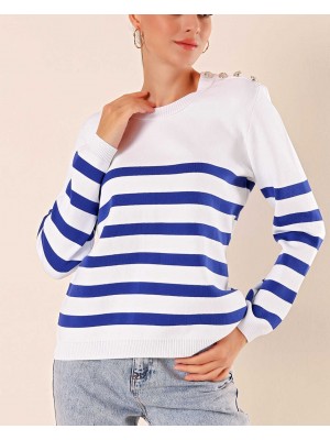 15820 Düğme Detay Çizgili Kazak - C.Saks