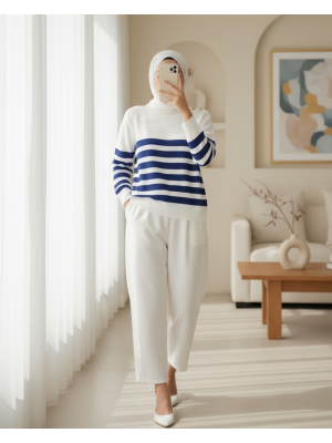 15820 Düğme Detay Çizgili Kazak - C.Saks