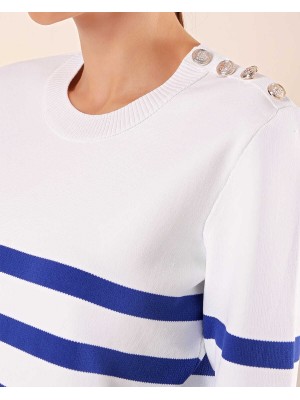 15820 Düğme Detay Çizgili Kazak - C.Saks