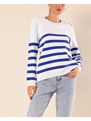 15820 Düğme Detay Çizgili Kazak - C.Saks