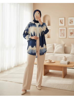 Kadın Lacivert Krem Desenli Oversize Gömlek 5923