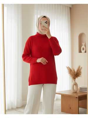 15825 Boğazlı Triko Kazak - Kırmızı