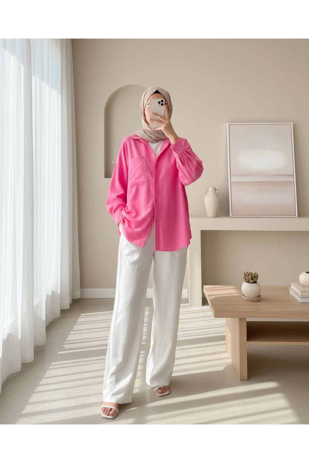20153 Single Pocket Oversized Linen Shirt -Pink