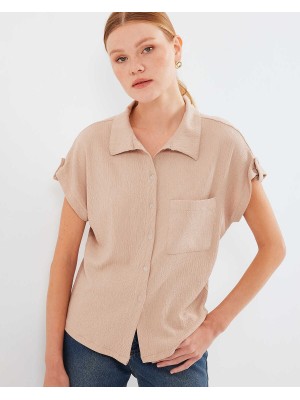 20256 Manşetli Double Kısa Kollu Gömlek - Bisküvi