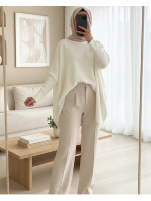 15783 Yırtmaçlı Panço Kazak - Beyaz