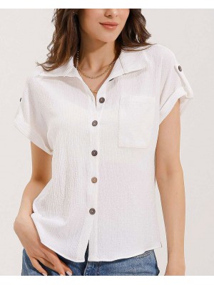20187 Kısa Kol Oversize Örme Gömlek - Beyaz