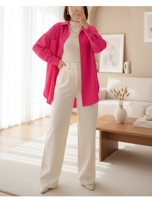 20153 Tek Cepli Oversize Keten Gömlek - Fuşya