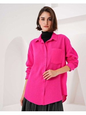 20153 Tek Cepli Oversize Keten Gömlek - Fuşya