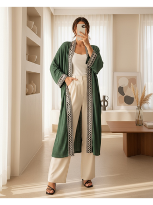 5865 Nakışlı Örme Uzun Kimono - Zümrüt Yeşili