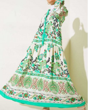 2423 Otantik Desenli Tesettür Elbise - Yeşil