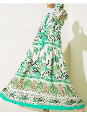 2423 Otantik Desenli Tesettür Elbise - Yeşil