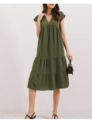 2398 V Yaka Volanlı Elbise - Haki