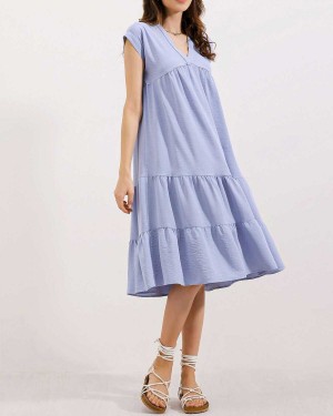 2398 V Yaka Volanlı Elbise - Mavi