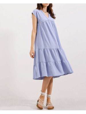 2398 V Yaka Volanlı Elbise - Mavi