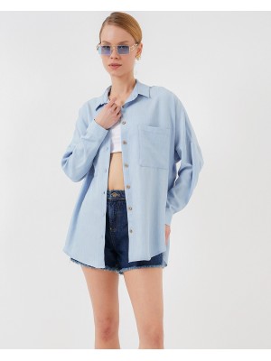 20126 Oversize Keten Gömlek - Mavi