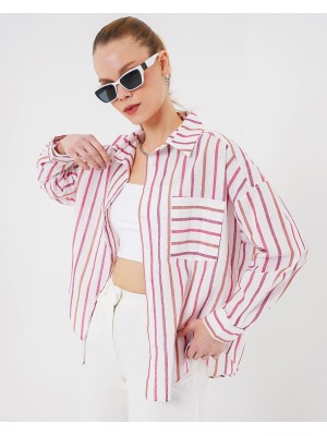 Kadın Çizgili Oversize Gömlek 20278 - Kırmızı