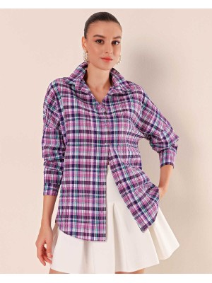 Kadın Mor Beyaz Kareli Desenli Oversize Uzun Basic Gömlek 3900