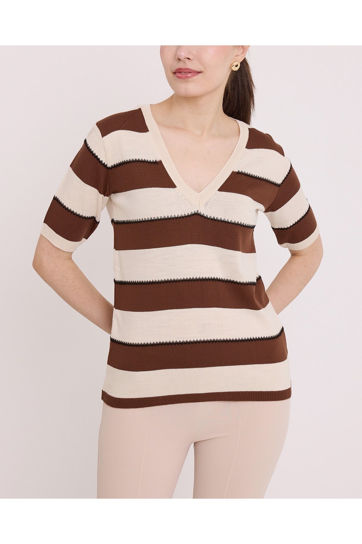 Women's Coffee Cream Striped Short Sleeve Blouse 15869-Brown