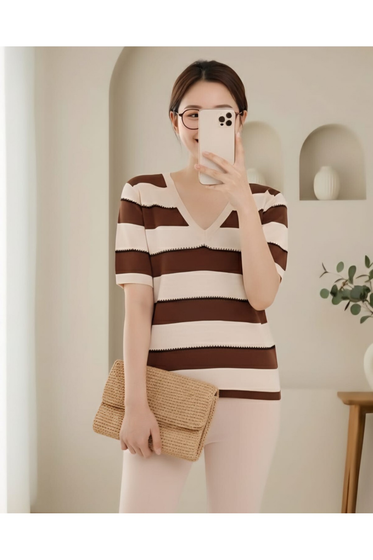 Women's Coffee Cream Striped Short Sleeve Blouse 15869-Brown