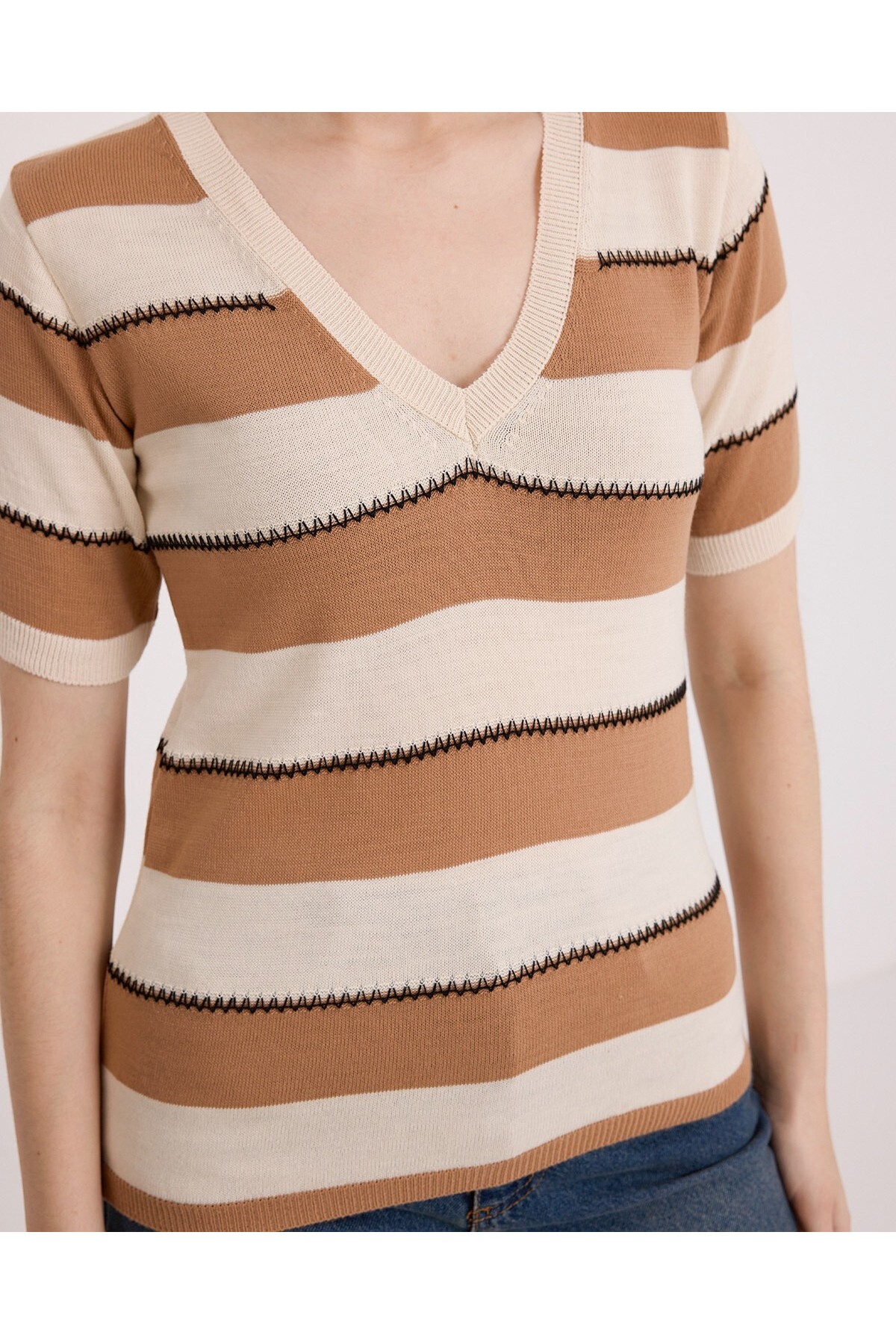 Women's Biscuit Cream Striped Short Sleeve Blouse 15869- Beige