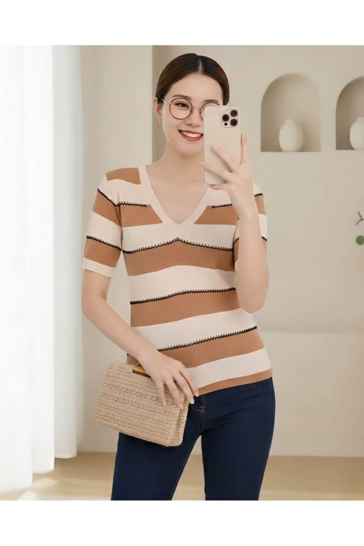 Women's Biscuit Cream Striped Short Sleeve Blouse 15869- Beige