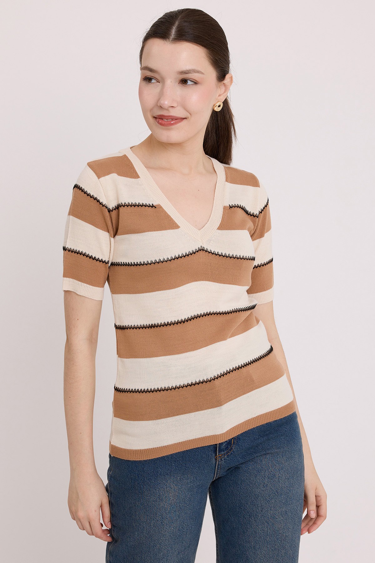 Women's Biscuit Cream Striped Short Sleeve Blouse 15869- Beige