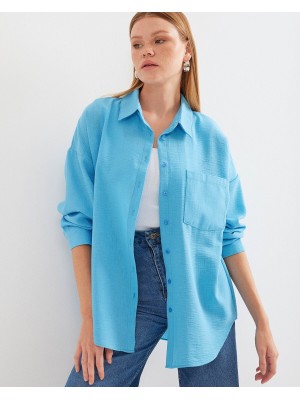 20153 Tek Cepli Oversize Keten Gömlek - Açık Mavi