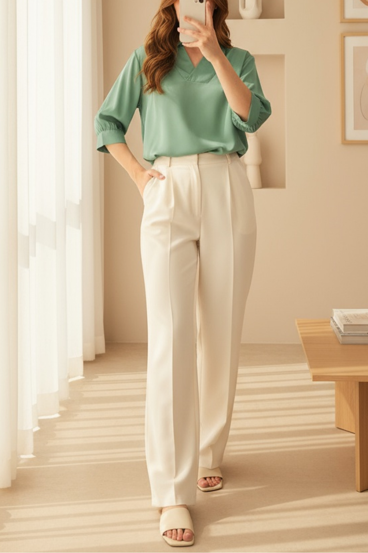 Women's Green Shirt Collar Satin Blouse 0493