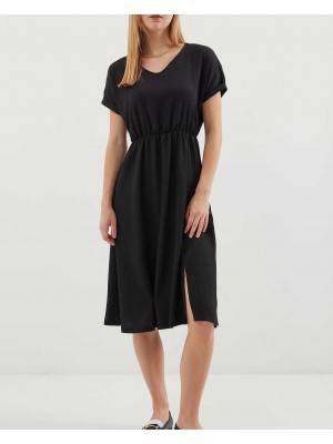 2378 V Yaka Yırtmaçlı Örme Elbise - Siyah