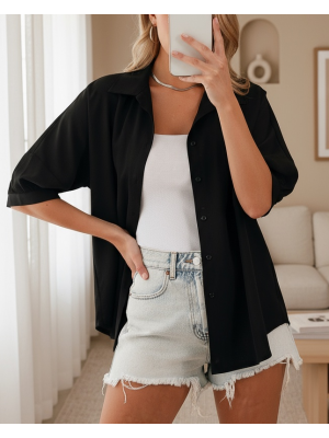 20213 Oversize Kısa Kol Basic Gömlek - Siyah