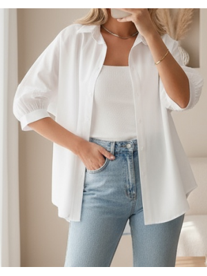 20213 Oversize Kısa Kol Basic Gömlek - Beyaz