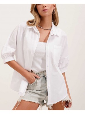 20213 Oversize Kısa Kol Basic Gömlek - Beyaz