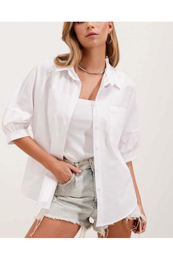 20213 Oversize Kısa Kol Basic Gömlek - Beyaz