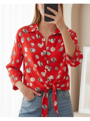 20243 Önü Bağlamalı Desenli Gömlek - Kırmızı