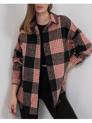 Kadın Ekose Desen Oversize Oduncu Gömlek 3854 A.Pudra