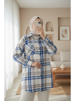 Kadın Ekose Desen Oversize Oduncu Gömlek 3854 A.Ekru