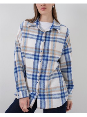 Kadın Ekose Desen Oversize Oduncu Gömlek 3854 A.Ekru
