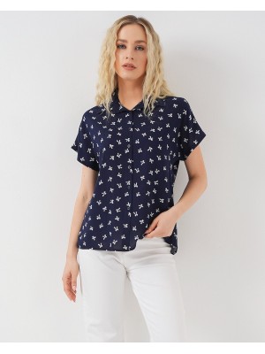 Kadın Kısa Kol Desenli Gömlek 20310 - Lacivert