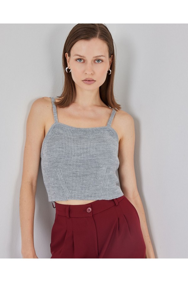 Kadın Askılı Crop Top Bluz 15934 - Gri