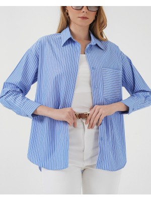 20205 Çizgili Oversize Gömlek - Mavi